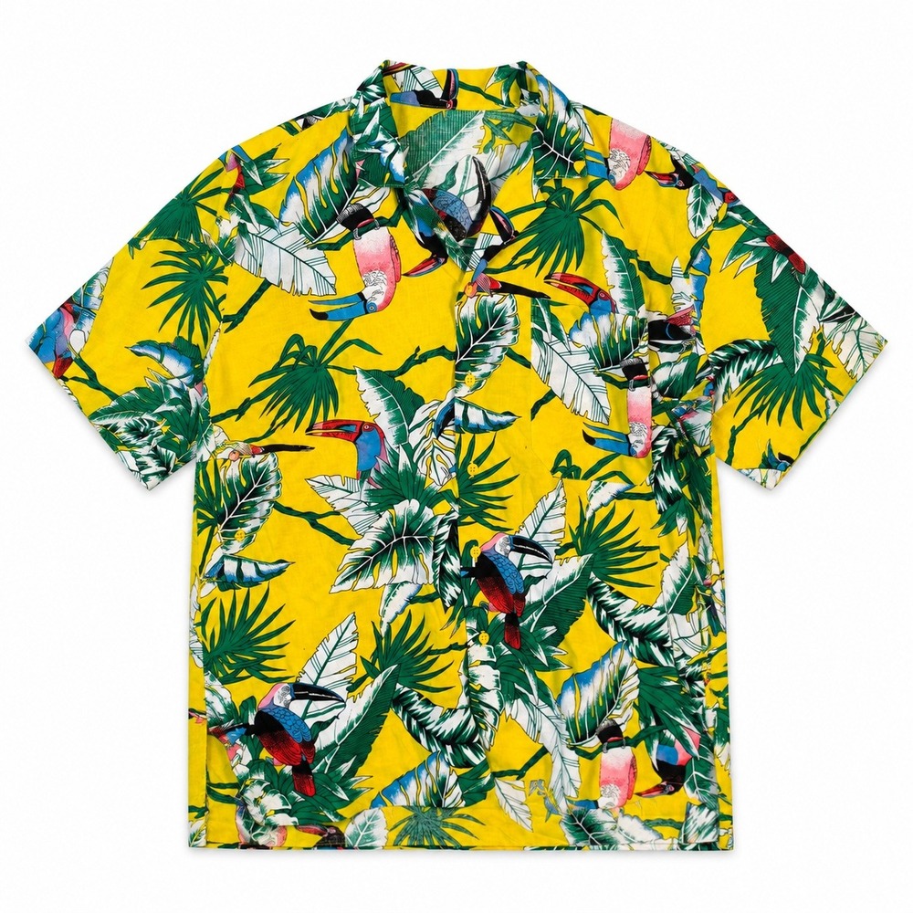 vtg 60s Men Hawaiian yellow shirt Tropical Toucan Camp Maximalist Rainbow L